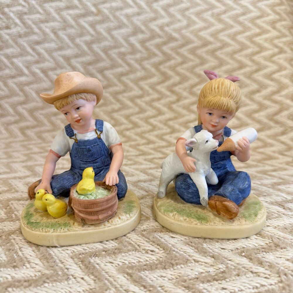 Vintage Home Interiors Homco Denim Days Set of 2 Figurines Boy Girl Chicks Lamb
